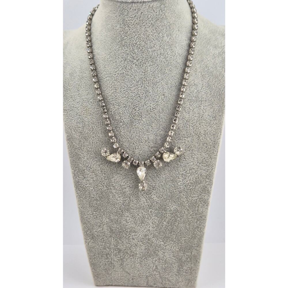 Vintage Garne Jeweled Rhinestone Necklace Clear Teardrop Dangle